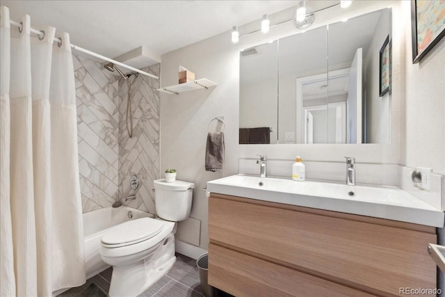 bathroom featuring double vanity, toilet, visible vents, and shower / tub combo