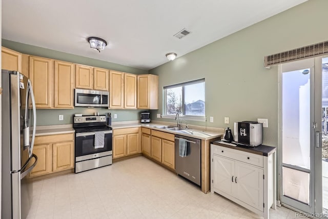 kitchen with light brown cabinetry, sink, and stainless steel appliances