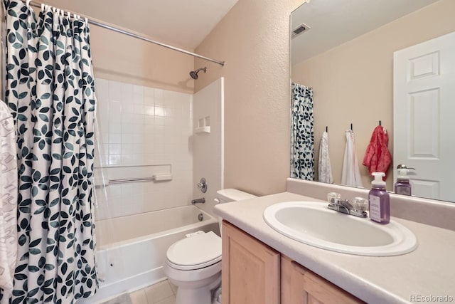 full bathroom with toilet, vanity, shower / tub combo with curtain, and tile patterned flooring