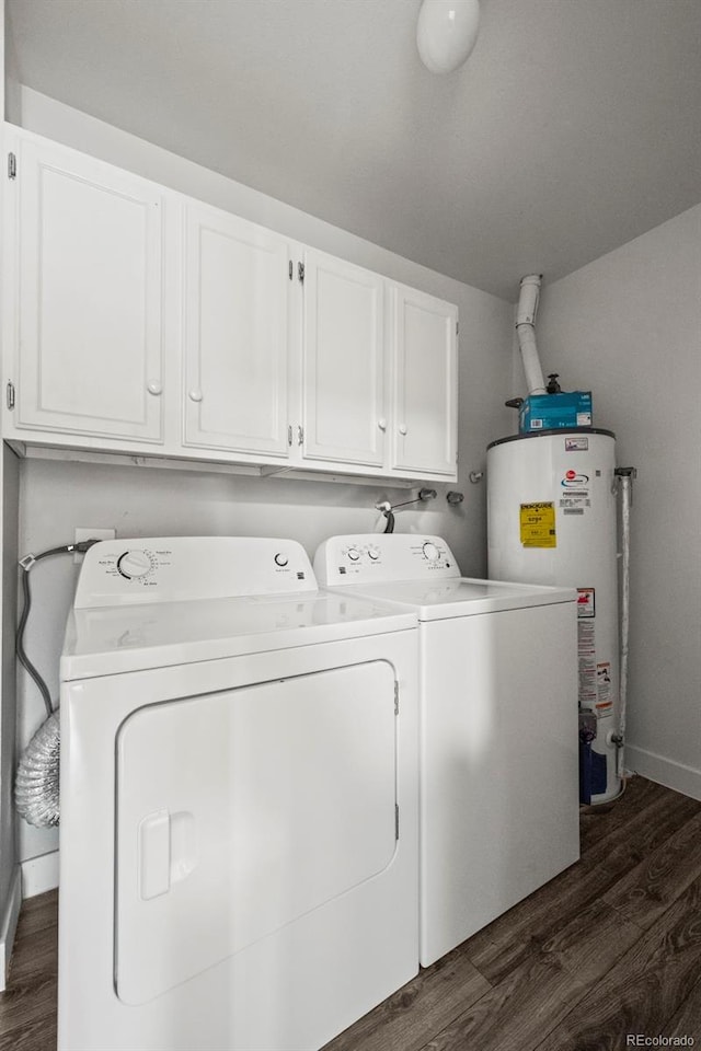 1011 Pierce St Unit 11, Lakewood, CO 80214 - laundry room featuring cabinet space, water heater, dark wood-style flooring, and separate washer and dryer