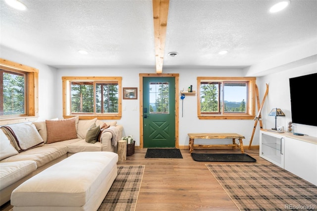489 Harris Dr, Idaho Springs, CO 80452 - living room with a textured ceiling, recessed lighting, plenty of natural light, wood finished floors, and baseboards