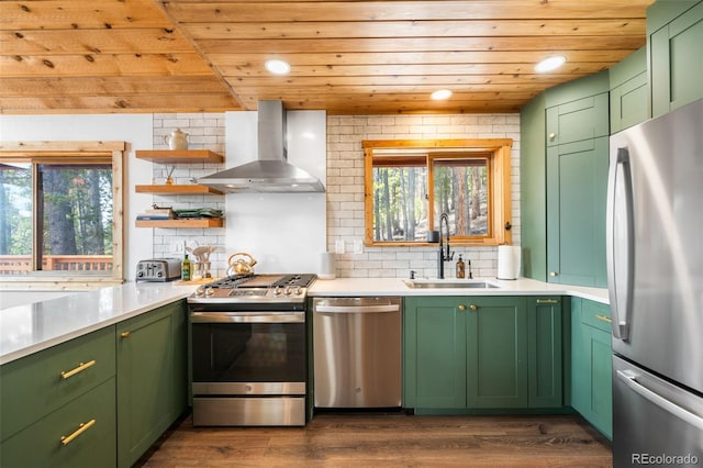 489 Harris Dr, Idaho Springs, CO 80452 - kitchen with appliances with stainless steel finishes, green cabinetry, wall chimney range hood, a sink, and wooden ceiling