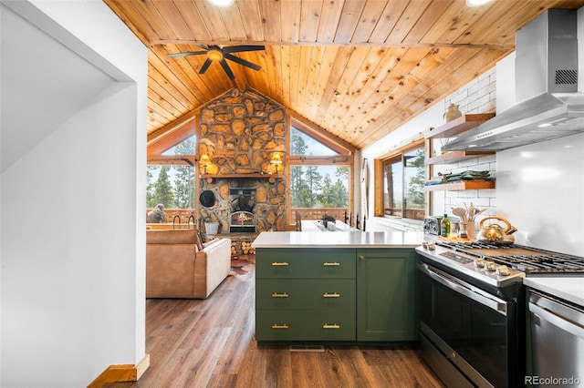 489 Harris Dr, Idaho Springs, CO 80452 - kitchen with green cabinetry, appliances with stainless steel finishes, wall chimney exhaust hood, wooden ceiling, and open shelves