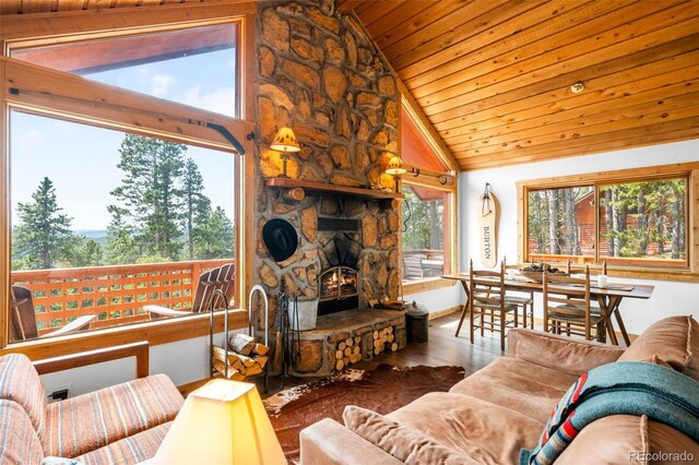 489 Harris Dr, Idaho Springs, CO 80452 - living room with vaulted ceiling, wood finished floors, and wood ceiling