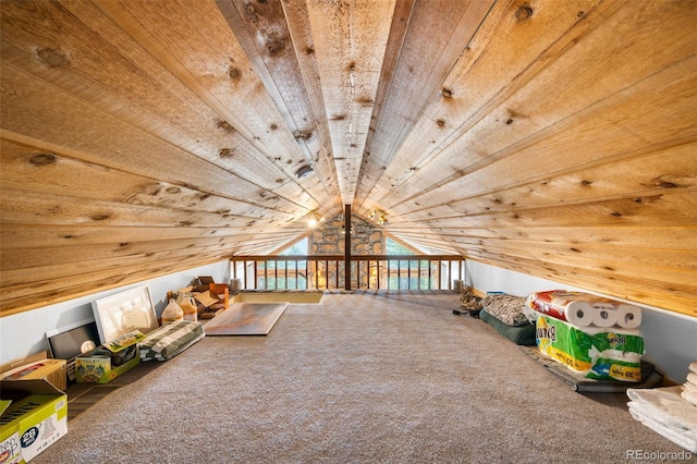 489 Harris Dr, Idaho Springs, CO 80452 - recreation room featuring wooden ceiling, carpet flooring, and lofted ceiling