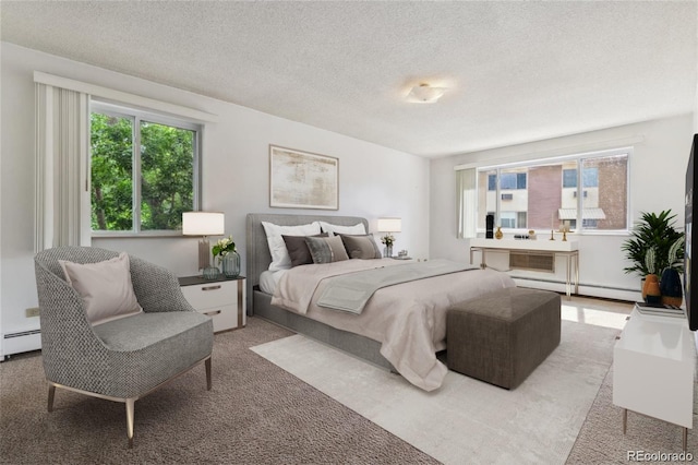 carpeted bedroom with multiple windows, a baseboard radiator, and a textured ceiling