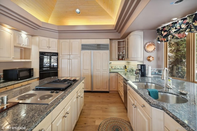 kitchen with a raised ceiling, sink, black appliances, and light hardwood / wood-style floors