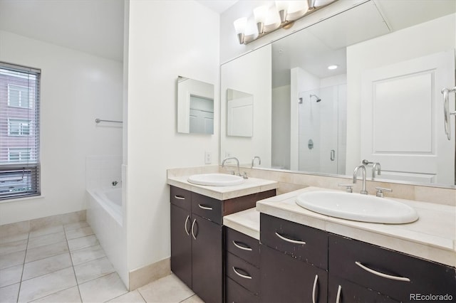 2958 Syracuse St Unit 317, Denver, CO 80238 - bathroom with a shower stall, two vanities, a garden tub, and tile patterned floors