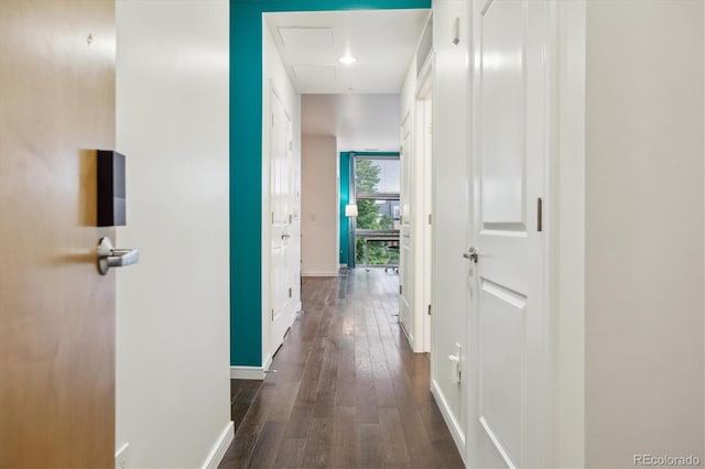 2958 Syracuse St Unit 317, Denver, CO 80238 - corridor featuring dark wood-style flooring, baseboards, and recessed lighting