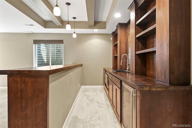 2815 Dreamcatcher Loop, Castle Rock, CO 80109 - bar featuring beverage cooler, light colored carpet, a tray ceiling, hanging light fixtures, and recessed lighting