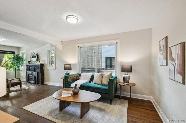 1633 Gaylord St, Denver, CO 80206 - living room with baseboards, wood finished floors, a wood stove, and a textured wall