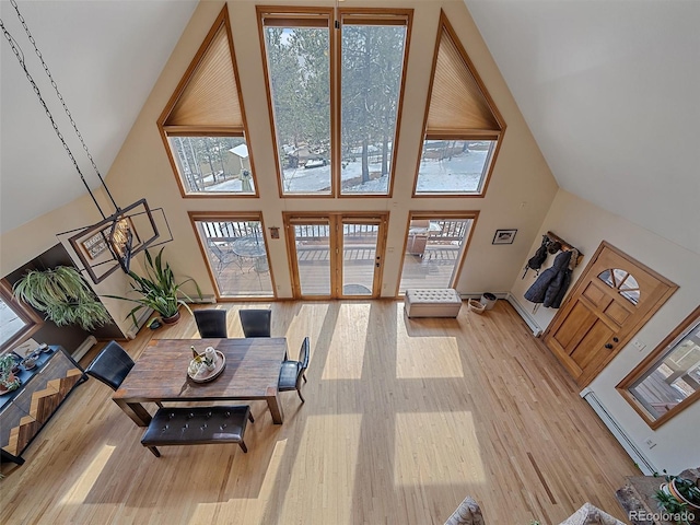 living room featuring high vaulted ceiling and wood finished floors