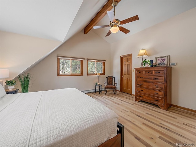 bedroom with a ceiling fan, baseboards, a baseboard radiator, vaulted ceiling with beams, and light wood-style floors