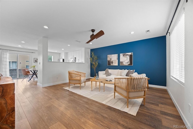 11845 W Tulane Dr, Morrison, CO 80465 - living room featuring wood finished floors, recessed lighting, and ceiling fan