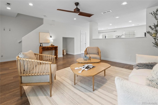 11845 W Tulane Dr, Morrison, CO 80465 - living room featuring recessed lighting, wood finished floors, and a ceiling fan