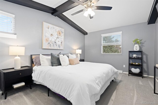 bedroom featuring baseboards, carpet flooring, lofted ceiling with beams, and ceiling fan