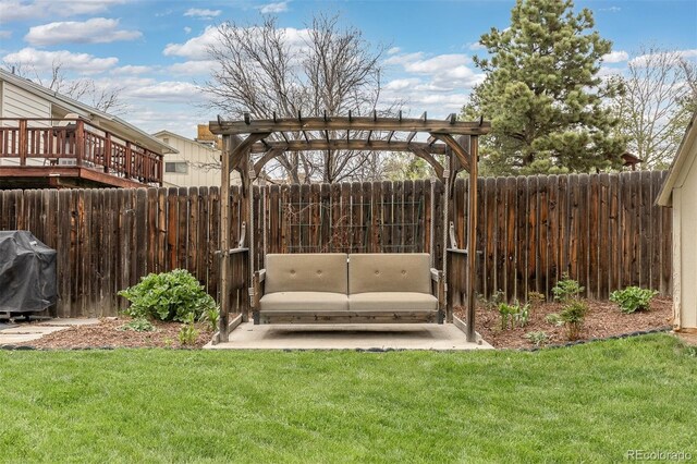 view of yard with a fenced backyard, a patio area, and a pergola