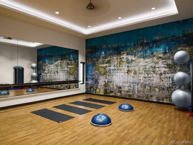275 Gold Maple St, Brighton, CO 80601 - workout room featuring a raised ceiling, wood finished floors, and recessed lighting