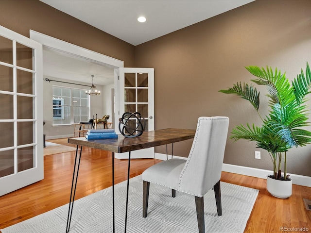 2880 Emporia Ct, Denver, CO 80238 - office featuring a chandelier, baseboards, wood finished floors, french doors, and recessed lighting