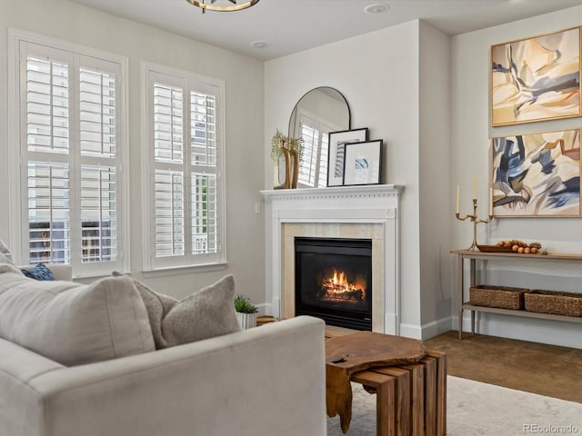 2880 Emporia Ct, Denver, CO 80238 - carpeted living area featuring a glass covered fireplace and baseboards