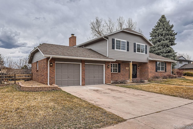 traditional-style home with brick siding, fence, a chimney, and an attached garage