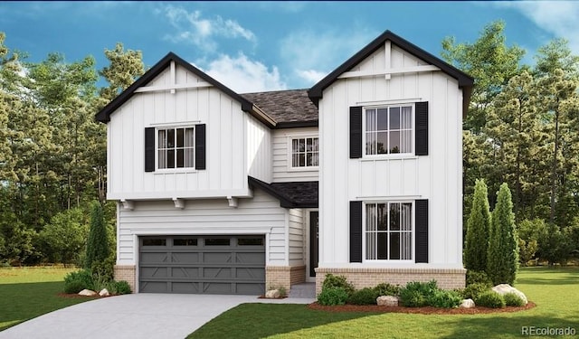 modern farmhouse featuring a garage and a front yard