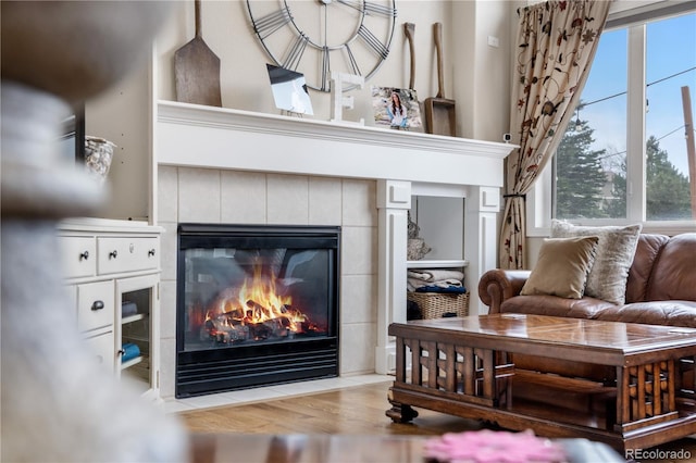 living room with wood finished floors and a fireplace