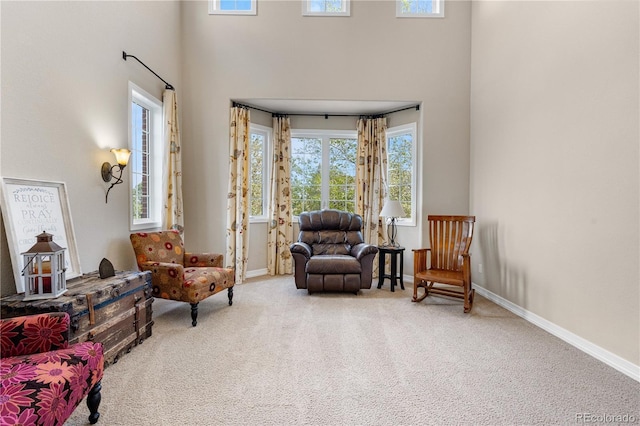 living area featuring carpet floors, a high ceiling, and baseboards