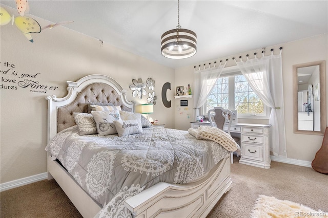 bedroom with baseboards, an inviting chandelier, and light carpet
