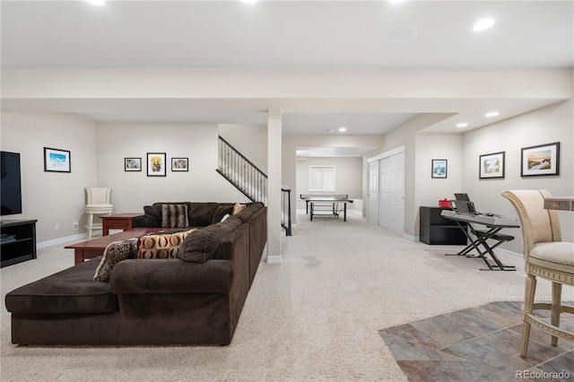 carpeted living room with stairs, recessed lighting, and baseboards