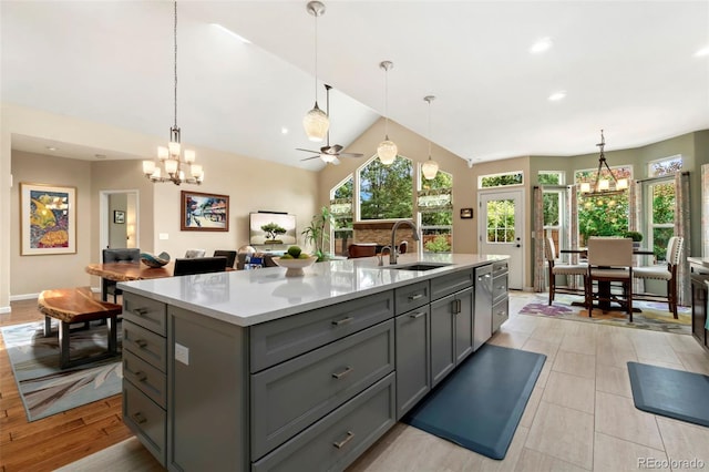 kitchen with a sink, gray cabinets, and light countertops