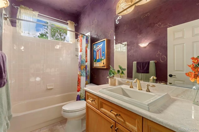 full bath with shower / bath combo with shower curtain, toilet, vanity, and tile patterned flooring