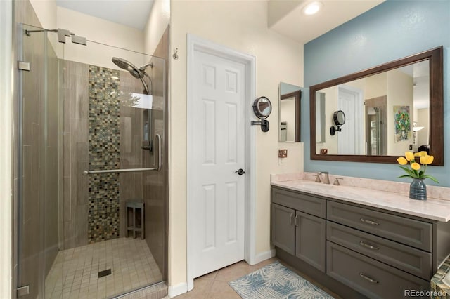 bathroom with vanity, a shower stall, and tile patterned flooring