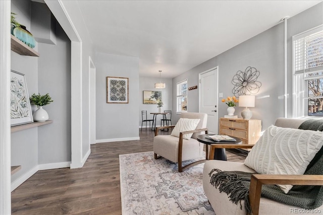 living area with dark hardwood / wood-style flooring and a wealth of natural light