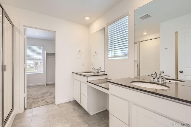 full bathroom with vanity, recessed lighting, visible vents, and a stall shower