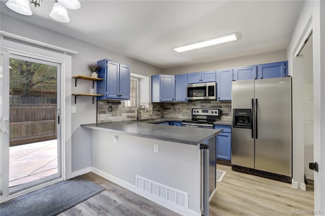 6840 Goldcrest Ct, Colorado Springs, CO 80919 - kitchen featuring stainless steel appliances, blue cabinets, a peninsula, and decorative backsplash