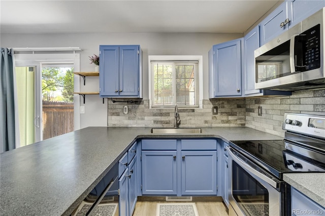 6840 Goldcrest Ct, Colorado Springs, CO 80919 - kitchen with appliances with stainless steel finishes, a sink, blue cabinetry, open shelves, and tasteful backsplash
