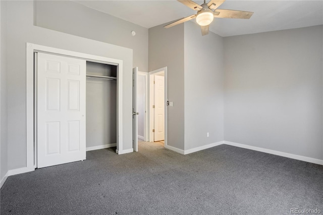 6840 Goldcrest Ct, Colorado Springs, CO 80919 - unfurnished bedroom featuring dark carpet, baseboards, a closet, and a ceiling fan