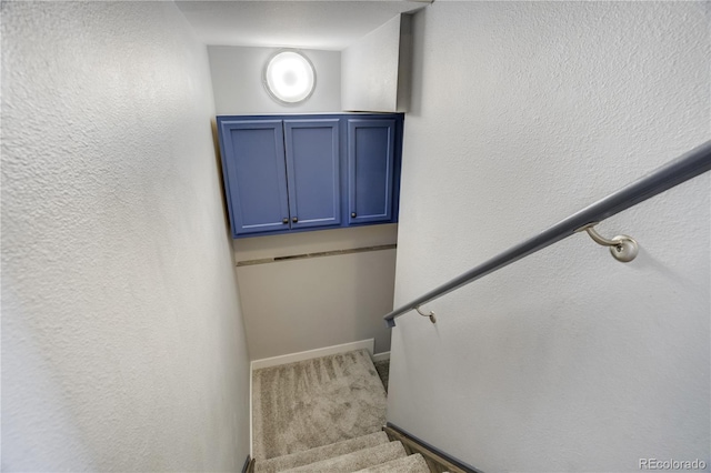 6840 Goldcrest Ct, Colorado Springs, CO 80919 - stairs with carpet, a textured wall, and baseboards