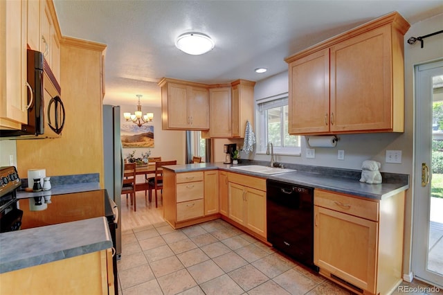 6775 Coors Ct, Arvada, CO 80004 - kitchen featuring black dishwasher, range with electric cooktop, light brown cabinets, stainless steel microwave, and a peninsula