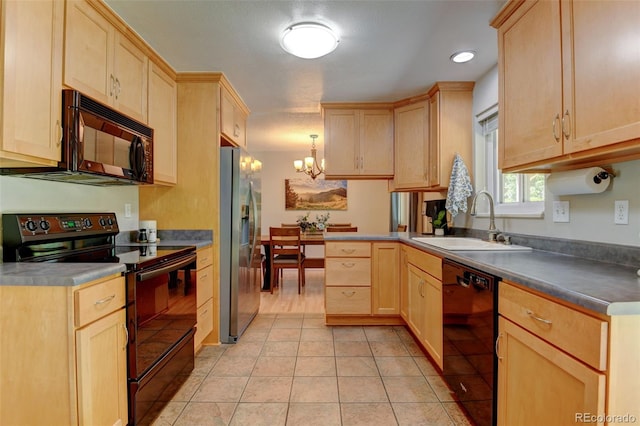 6775 Coors Ct, Arvada, CO 80004 - kitchen with black appliances, light brown cabinetry, a chandelier, light tile patterned flooring, and a peninsula