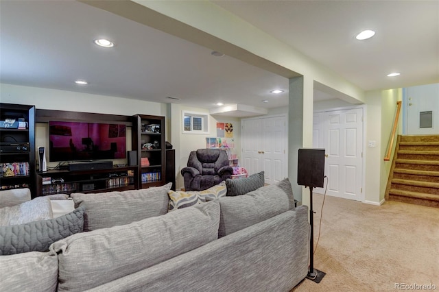 6775 Coors Ct, Arvada, CO 80004 - living room with light colored carpet, stairs, and recessed lighting