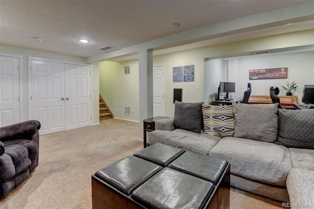 6775 Coors Ct, Arvada, CO 80004 - carpeted living room with stairway, recessed lighting, and an office area