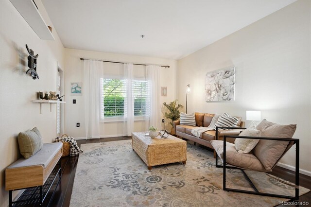 2895 W Riverwalk Cir Unit 104, Littleton, CO 80123 - living room featuring wood finished floors and baseboards