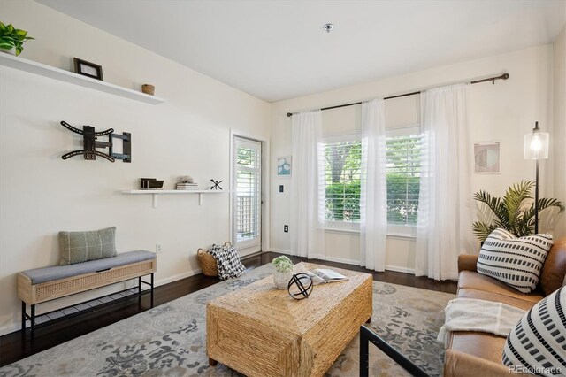 2895 W Riverwalk Cir Unit 104, Littleton, CO 80123 - living area with wood finished floors and baseboards