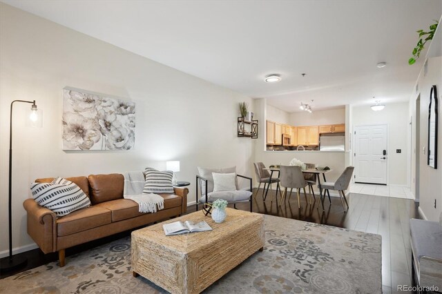 2895 W Riverwalk Cir Unit 104, Littleton, CO 80123 - living room with light wood finished floors and baseboards