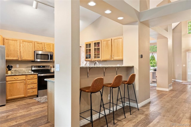 9756 Quay Loop, Broomfield, CO 80021 - kitchen featuring stainless steel appliances, a kitchen bar, light stone counters, light wood-style floors, and high vaulted ceiling