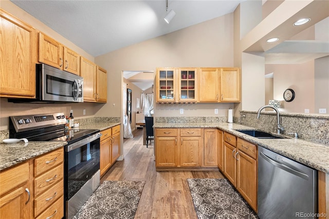 9756 Quay Loop, Broomfield, CO 80021 - kitchen featuring appliances with stainless steel finishes, a sink, high vaulted ceiling, light wood-style floors, and light stone countertops