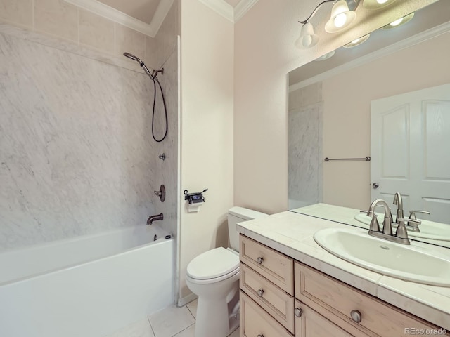 full bathroom with toilet, tiled shower / bath, vanity, ornamental molding, and tile patterned flooring