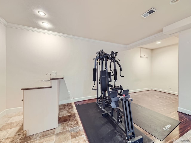 exercise area featuring crown molding, sink, and wood-type flooring